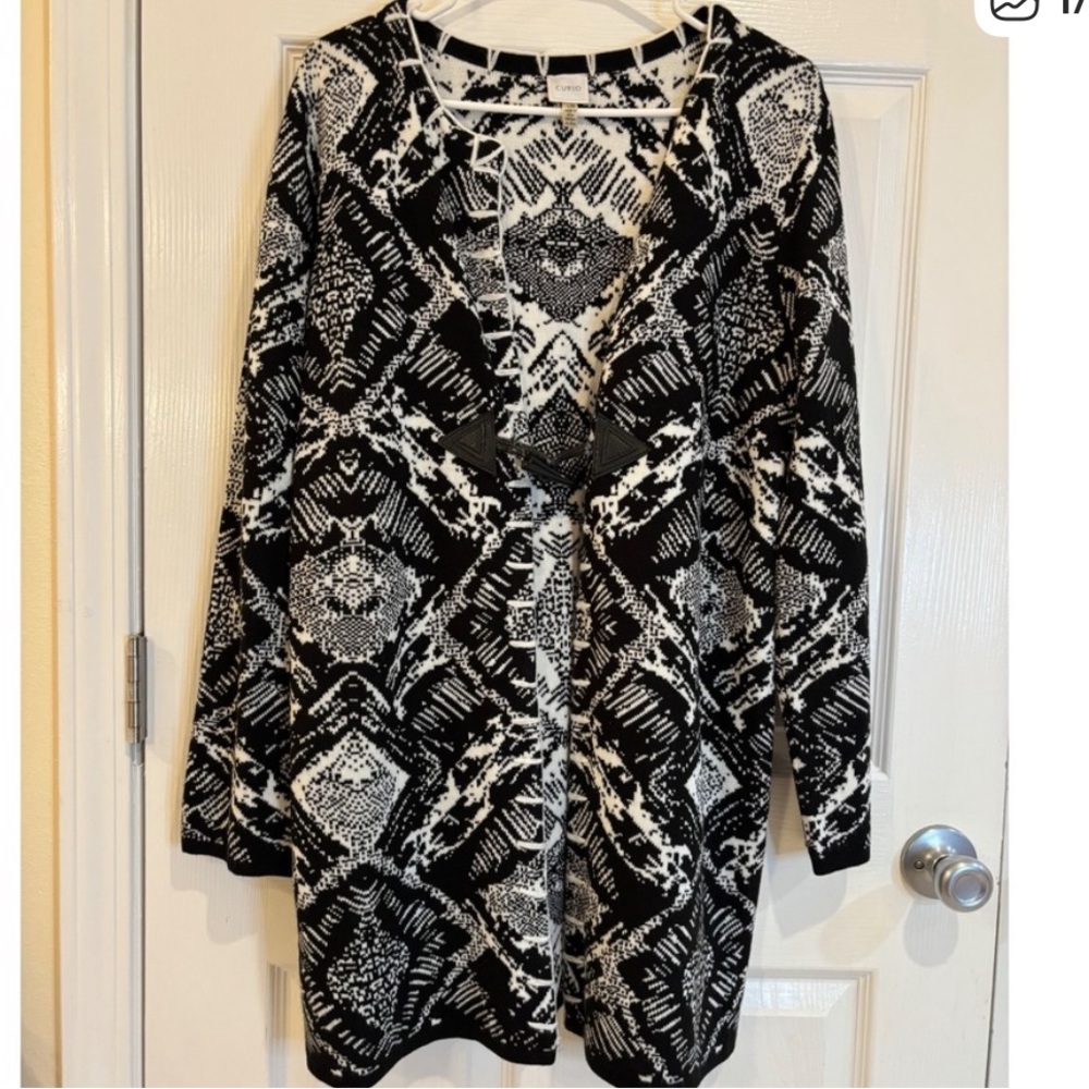 Cupio Black White Diamond Print Open Front Cardigan Size Large